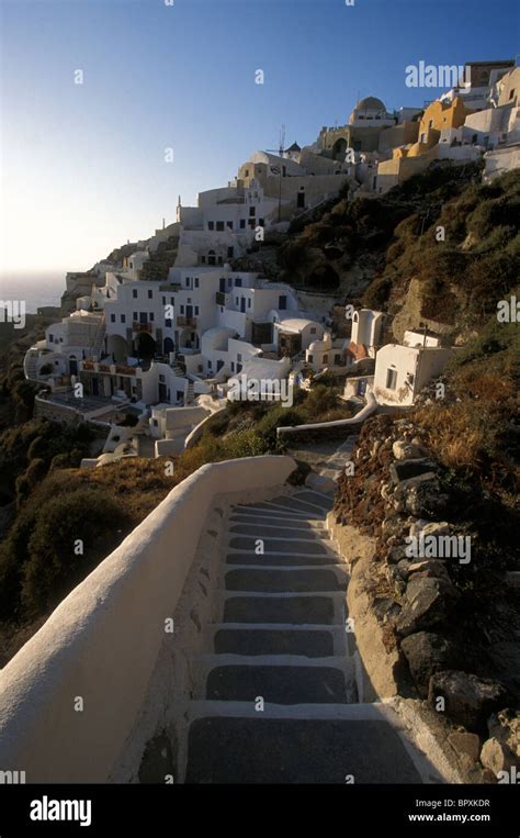 Staircase Leading To The Cliffside Town Of Oia Santorini Greece Stock