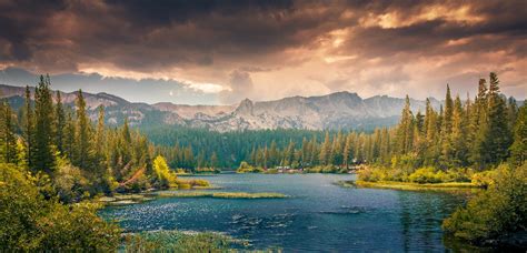 Nature Landscape Lake Forest Mountains Clouds Far