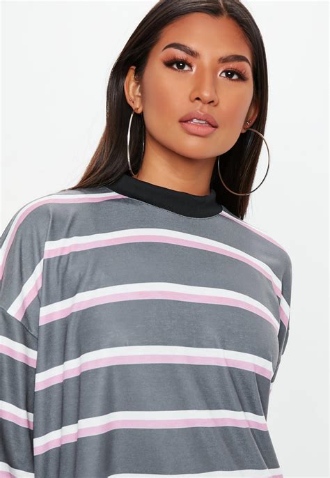 Grey Oversized Stripe T Shirt Dress Missguided