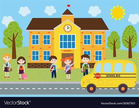 Children Near The School Are Waiting The Bus Vector Image