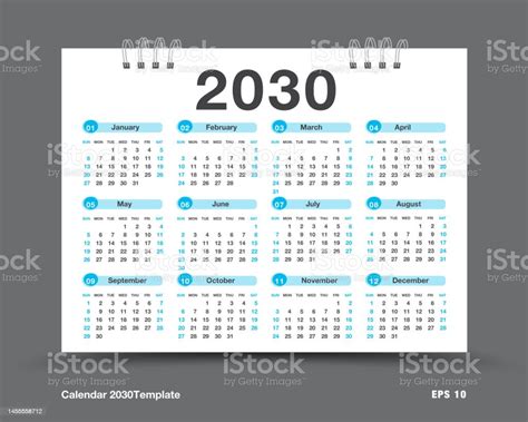 Calendar 2030 Year Vector Illustration Set Of 12 Months Week Starts On