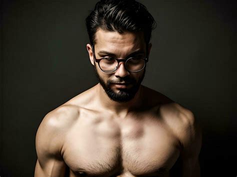 Ai Generated Sexy Muscular Hairy And Shirtless Guy Looking Down With Glasses And Facial Hair