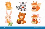 Animals Sitting and Eating Fruit and Vegetables Vector Set. Stock ...