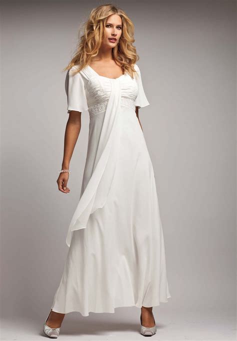 Flutter Sleeve Beaded Empire Waist Gown Plus Size Wedding Dresses With Sleeves Chiffon