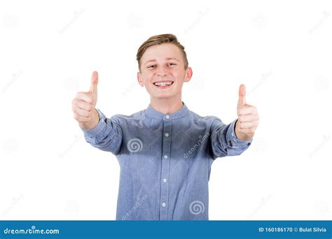 Cheerful Boy Adolescent Showing Double Thumbs Up Positive Gesture