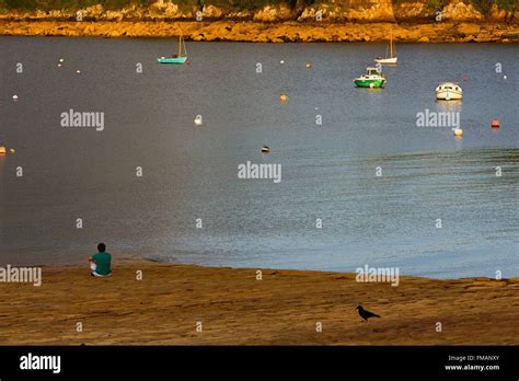 France Finistere Douarnenez Man On The Beach Watching The Boats At