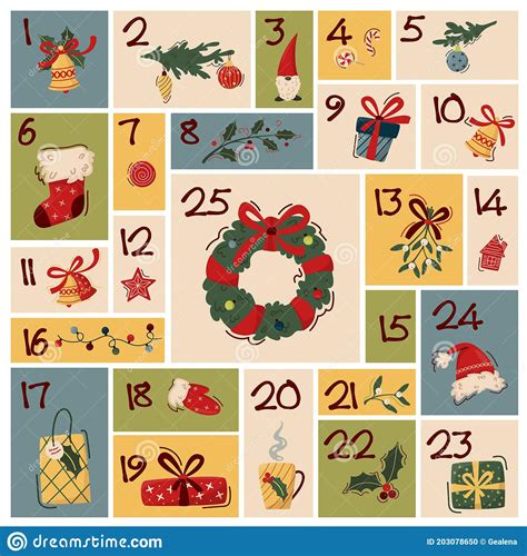 Christmas Advent Calendar Template With Hand Drawn Elements Wreath