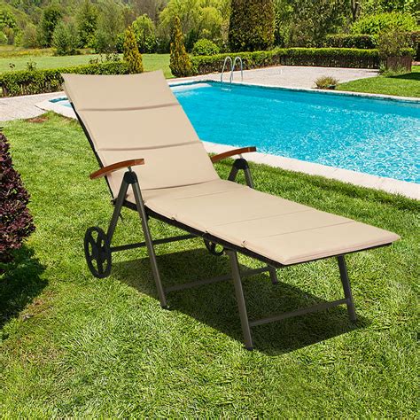 Costway Folding Outdoor Pool Chaise Lounge Chair Aluminum Rattan Lounger Recliner Chair Wwheels