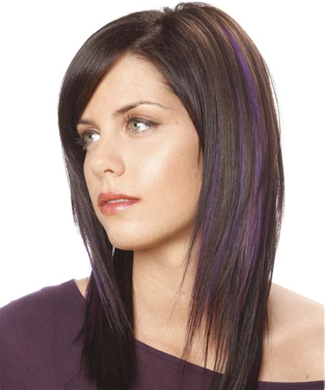 Long Straight Dark Plum Brunette Hairstyle With Side Swept Bangs