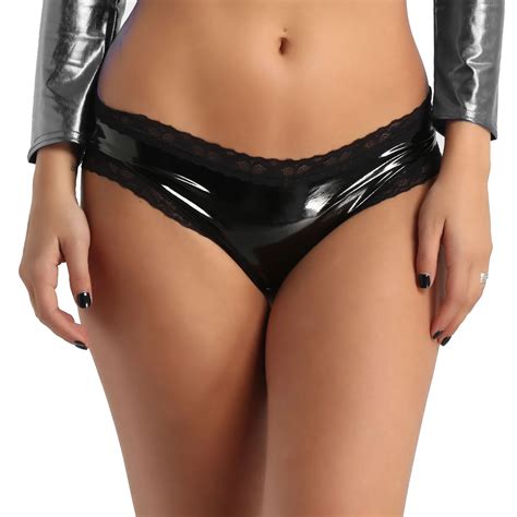 Women Lingerie Sexy Panties Wet Look Faux Leather Tanga Briefs Lace Trim Criss Cross Cut Out