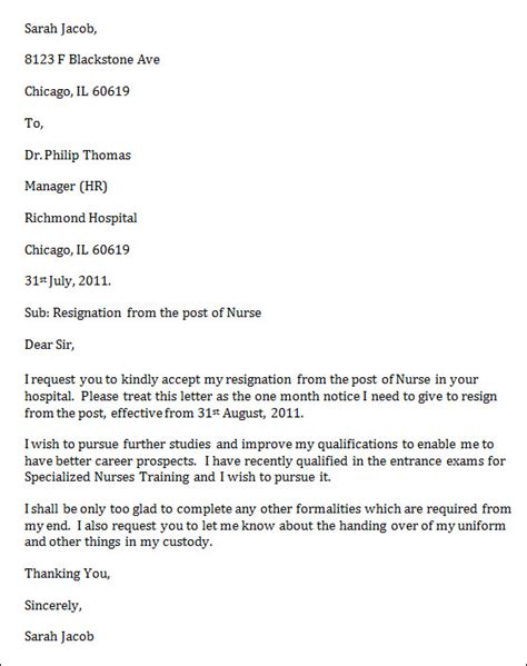 Sample Of Resignation Letter For Nurses