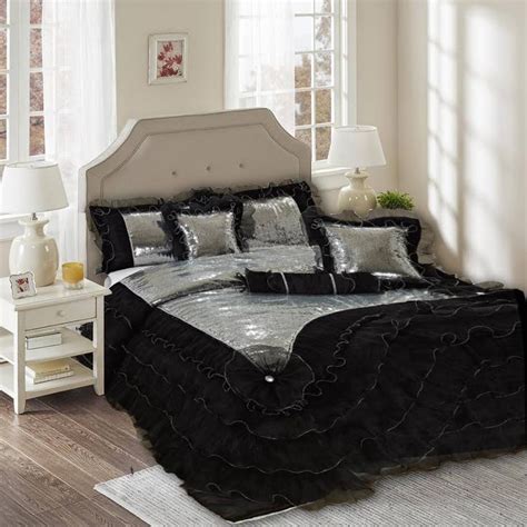 tache  piece night  black silver luxurious sequin comforter set