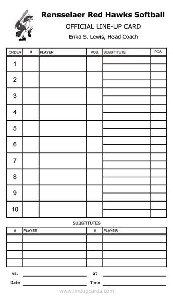 Custom College Softball Lineup Cards 4 Part Lineup Cards With College