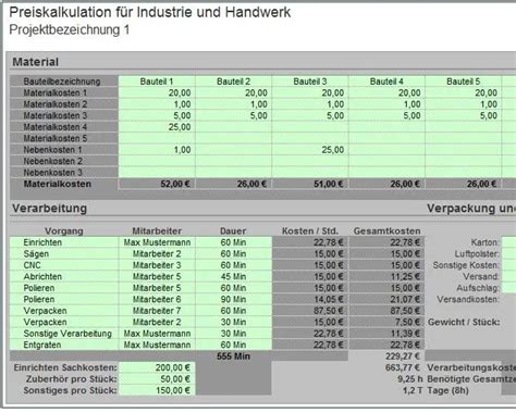 Excel Vorlage Preiskalkulation Für Industrie Und Handwerk