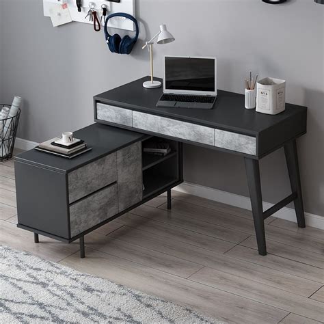 Modern Black L Shaped Desk With Drawers And Storage Rotatable Cabinet