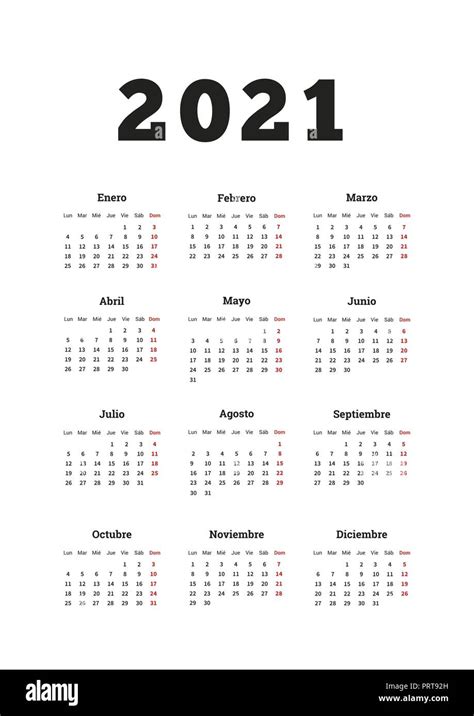 2021 Año Calendario Simple En Español Hoja Vertical De Tamaño A4 En