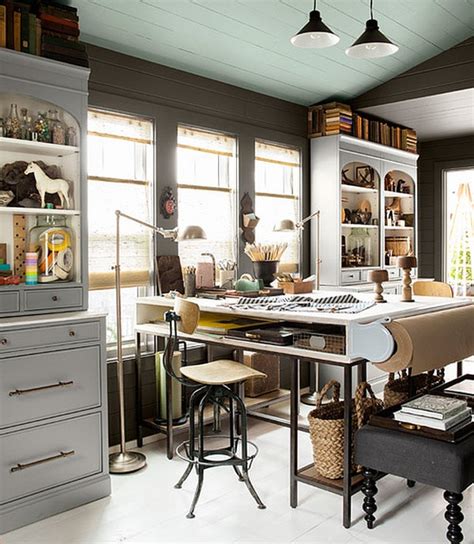 A blank wall in your family room or den can serve as a dual purpose crafting/home office. 59 Stylish And Dramatic Masculine Home Offices - DigsDigs