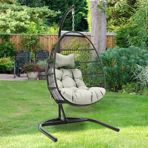 Outdoor Patio Furniture Hanging Egg Chair With Stand Rattan Wicker