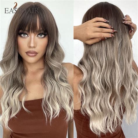 easihair ombre ash brown blonde wavy synthetic wigs with bang medium length natural hair for