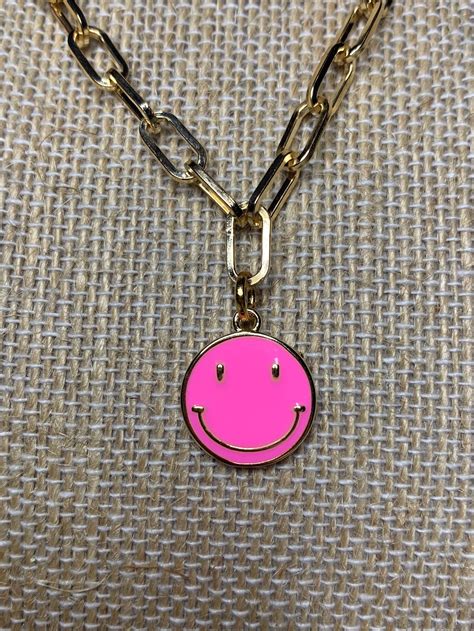 Pink Smiley Face Charm Necklace Gold Chain Necklace Smiley Etsy