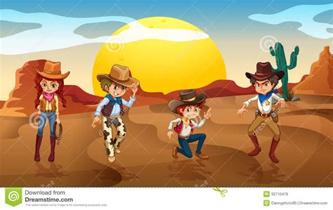 Group Of Cowboys And Cowgirls In Wild West Farm Background Vector