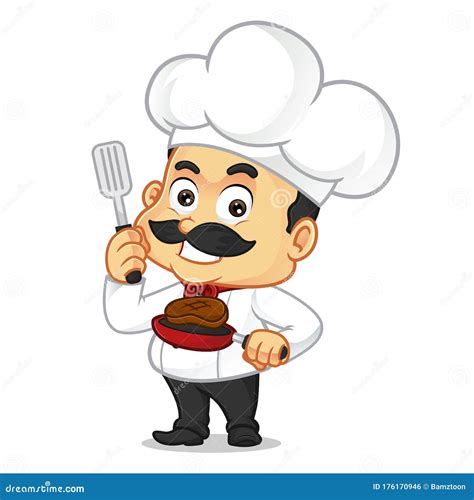 Chef Cartoon Cooking Beef And Smiling Stock Vector Illustration Of Cooking Vector 176170946