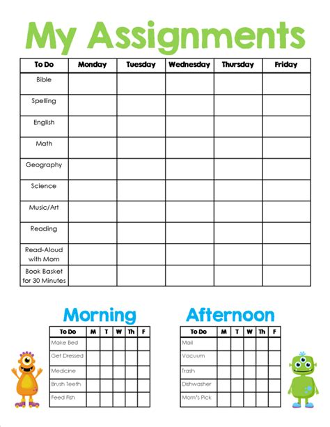 Printable Weekly Homework Sheet Preschool