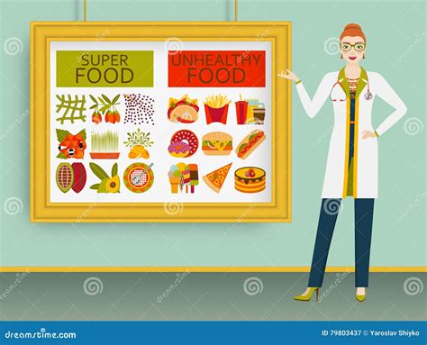 Nutritionist Showing Healthy And Unhealthy Food On A Picture Stock