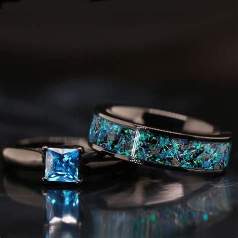2 Pc Meteorite Wedding Ring Set Opal Ring Set