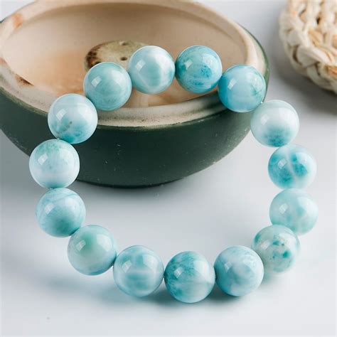Natural Blue Larimar Gemstone Round Beads Bracelet 15mm From Dominica