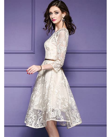 Elegant Beige Lace A Line Wedding Guest Dress With Sleevesbd25746