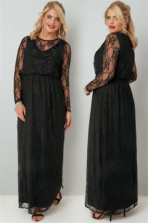 Black Lace Long Sleeve Maxi Dress With Elasticated Waist Plus Size 16 To 32