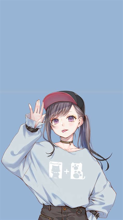 Hd Wallpaper Anime Girls Blue Background Ponytail Baseball Cap