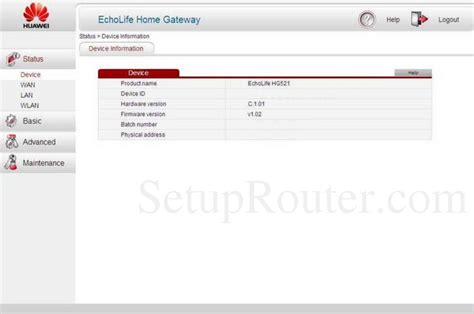 Huawei EchoLife HG521 Screenshot Status Device Information