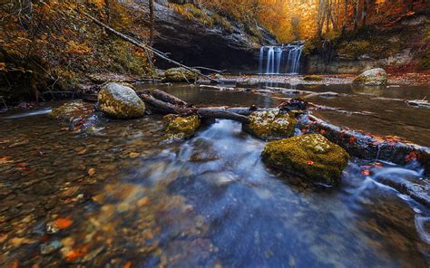 1080p Free Download Lake Forest Autumn Beautiful Waterfall Stones