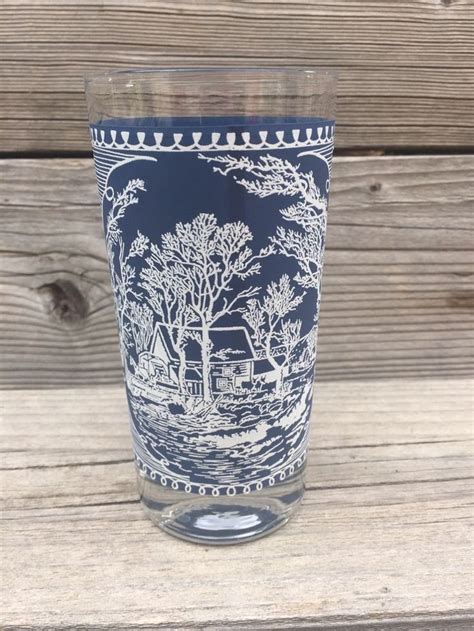 Currier And Ives Vintage Royal China 12 Oz Glass Tumbler Blue