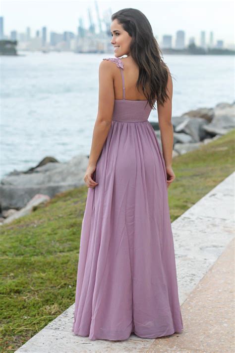 Mauve Maxi Dress With Pleated Top And Crochet Detail Maxi Dresses