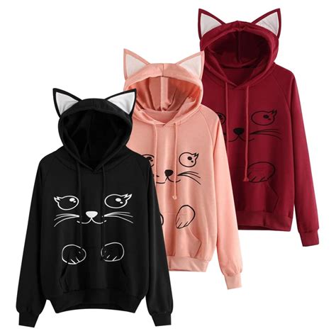2018 Cat Printed Hoodies With Ear Women Fashion Hooded Pullover
