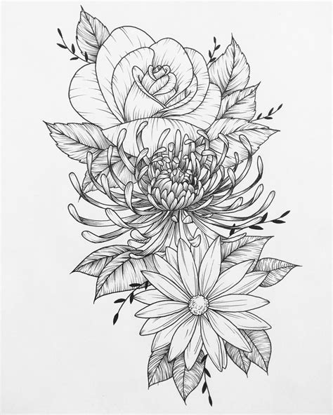 a black and white drawing of flowers with leaves