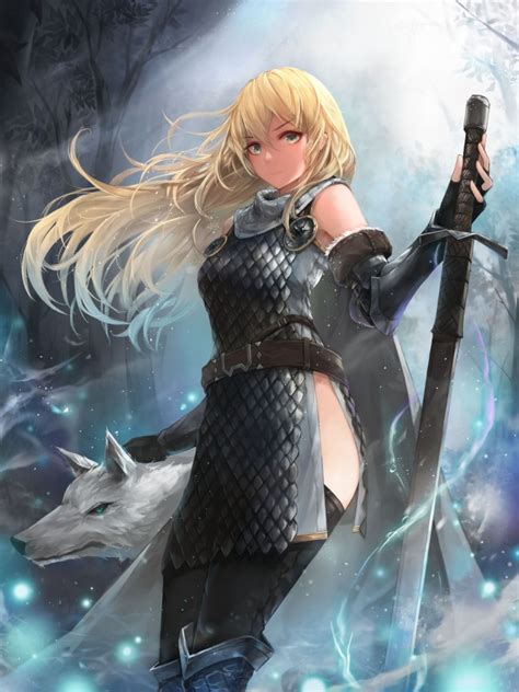 Wallpaper Fantasy Anime Girl White Wolf Blonde Sword