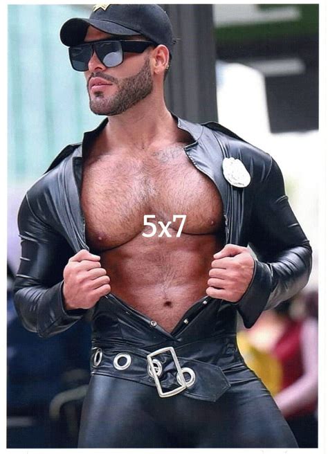 Hairy Chest Police Officer Cop N Black Leather Beefcake Gay Interest 5x7 Photo