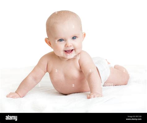 Cute Smiling Baby Lying On White Towel In Nappy Stock Photo Alamy