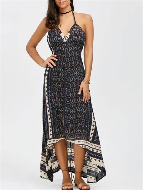 Boho Maxi Halter Low Back Asymmetric Summer Dress Printed Jersey Dress Bohemian Style Dresses