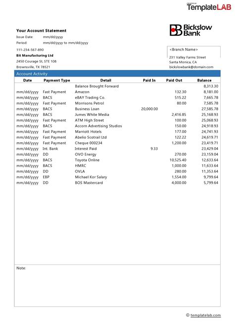 Bank Account Statement Template