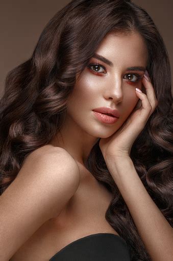 Beautiful Brunette Model Curls Classic Makeup And Full Lips The Beauty