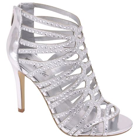 silver high heel strappy sandal rhinestone bridal prom wedding formal shoes prom heels