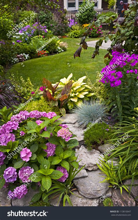 Lush Landscaped Garden Flowerbed Colorful Plants Stock