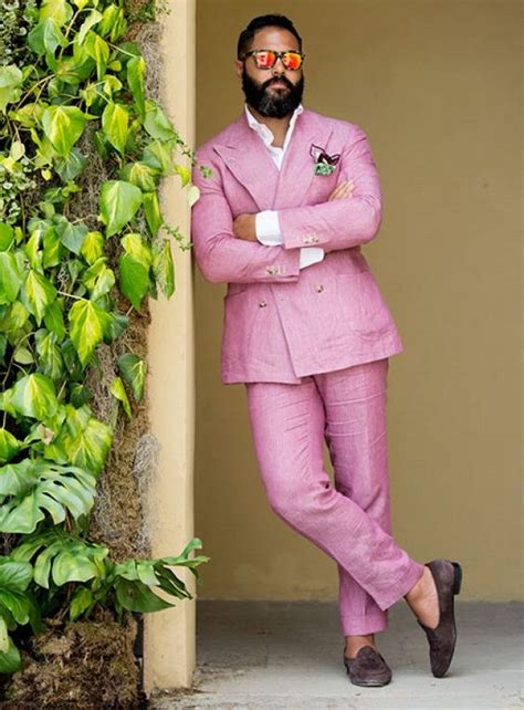 2018 Latest Coat Pant Designs Double Breasted Hot Pink Linen Men Suit