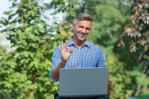 Happy Man Working Online Man Freelancer Working Online Outdoor Stock