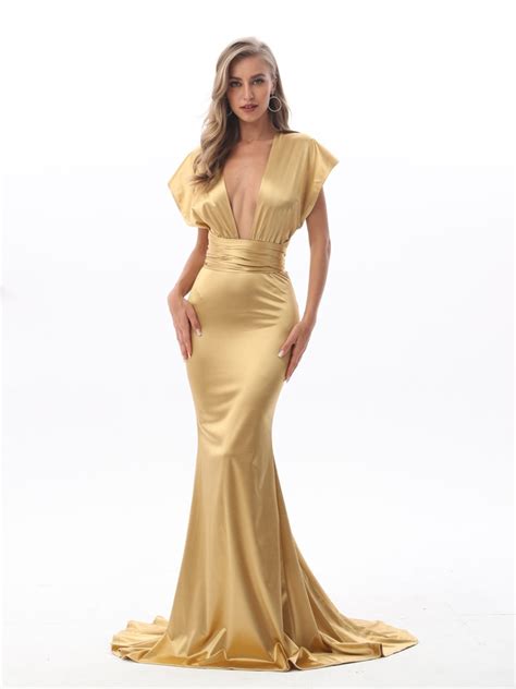 Shiny Gold Sexy Satin Long Dress Diy Straps Bodycon Backless Mermaid